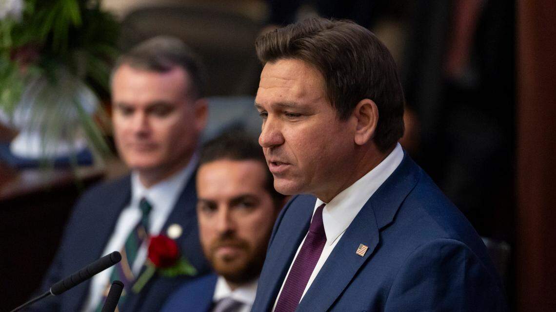 Florida Governor Ron DeSantis delivers his State of the State address during the first day of the legislative session at the Florida State Capitol on Tuesday, March 4, 2025, in Tallahassee, Fla.
