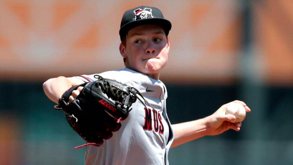 Mustang’s Dax Fulton throws a pitch during the 6A state baseball championship game between Mustang and Westmoore at the Chickasaw Bricktown Ballpark in Oklahoma City, Saturday, May 13, 2017.
