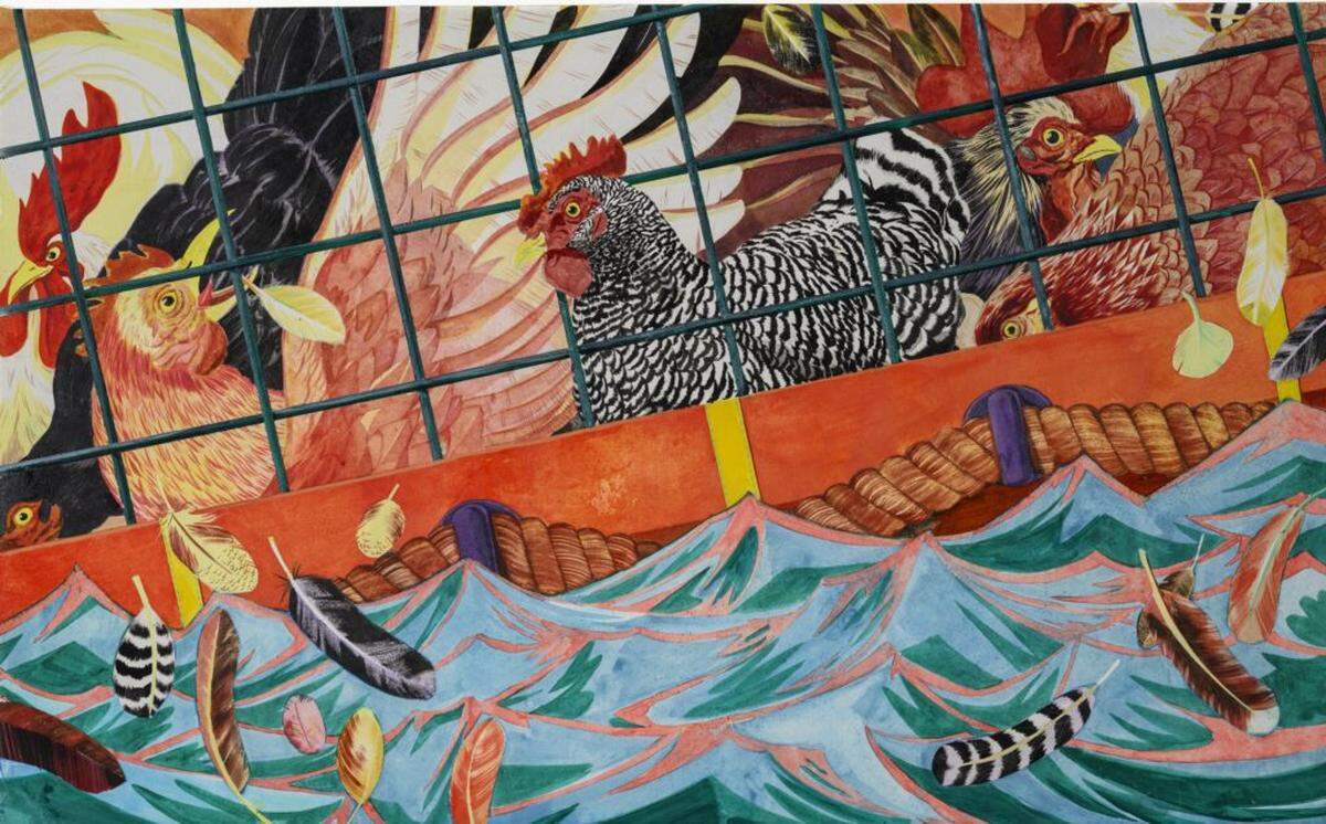 Mark Thomas Gibson, “Bound to Roost,” 2025. The artist painted the chickens in the work as a tribute to the Miami neighborhoods where the birds roam freely.