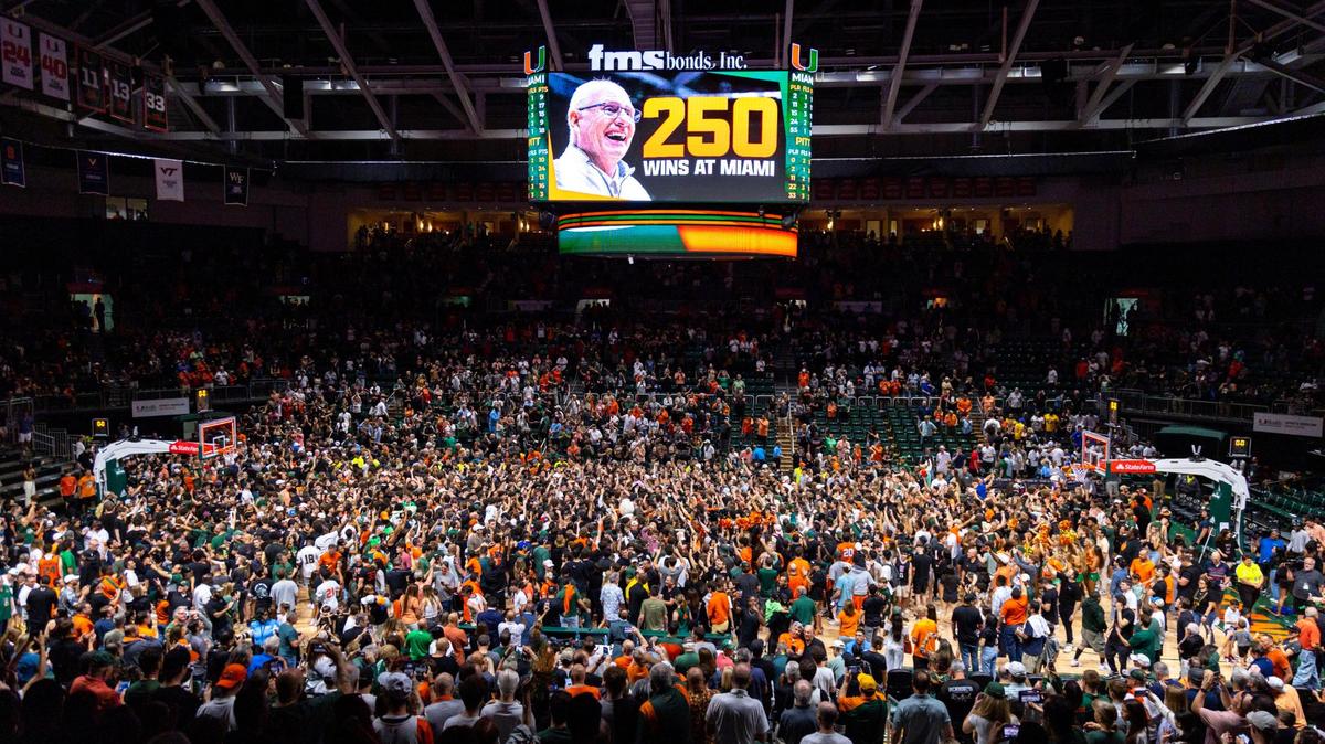 Fans rushed the court after the Hurricanes defeated the Panthers 78-76 at the Watsco Center to become regular season co-champions and the first seed for the ACC Tournament that starts this week in Greensboro, N.C.