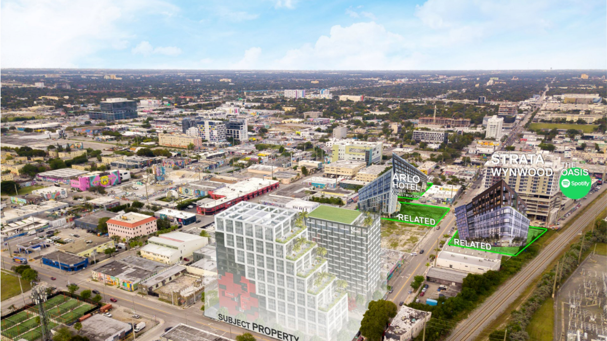 Southern Waste Systems listed its 1.38-acre property in Wynwood. Above: A rendering of a mock project on the site. The Arlo Hotel, the Dorsey, Strata Wynwood and The Oasis are steps away from the site.