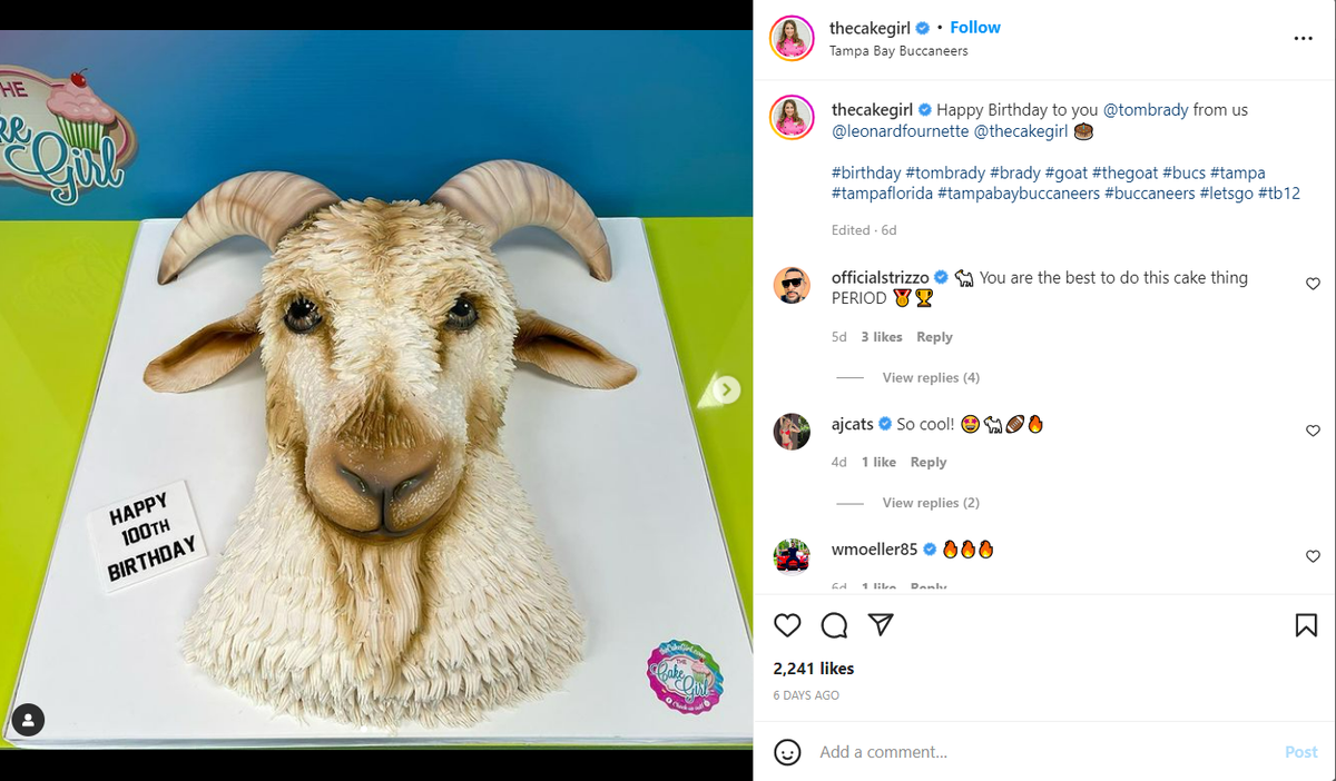 Tampa Bay Buccaneers running back Leonard Fournette commissioned the Cake Girl in Tampa to make a “GOAT” cake to celebrate quarterback Tom Brady’s 45th birthday.