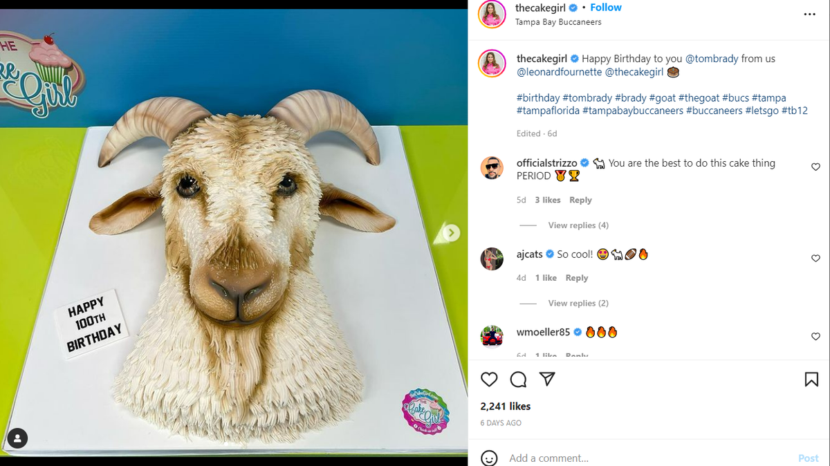 Tampa Bay Buccaneers running back Leonard Fournette commissioned the Cake Girl in Tampa to make a “GOAT” cake to celebrate quarterback Tom Brady’s 45th birthday.