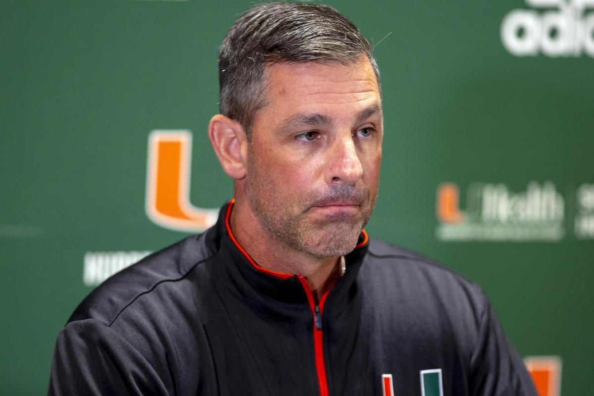 University of Miami offensive coordinator Dan Enos speaks to the media during a press conference two days after a tough loss to the Florida Gators in Orlando, at the UM Schwartz Center for Athletic Excellence in Coral Gables, Florida on Monday, August 26, 2019.