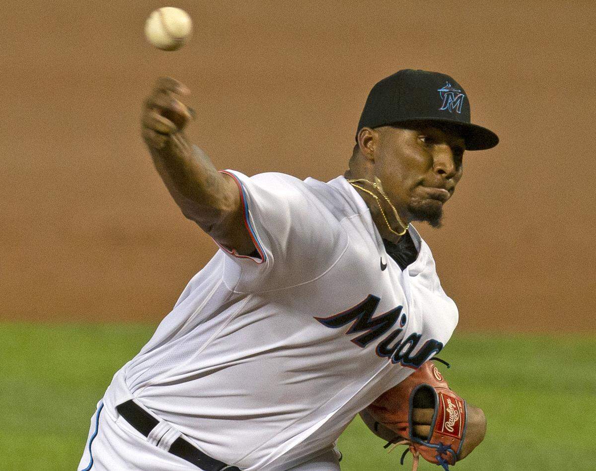 Miami Marlins pitcher Sixto Sanchez (73) pitches against the Toronto Blue Jays during the second inning of a baseball game at at Marlins Park in Miami on Wednesday, September 2, 2020.