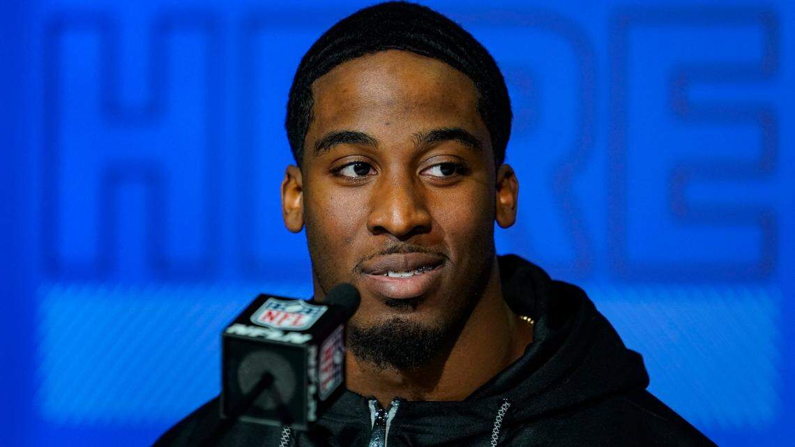 Iowa State running back Breece Hall speaks during a press conference at the NFL football scouting combine in Indianapolis, Thursday, March 3, 2022. (AP Photo/Michael Conroy)