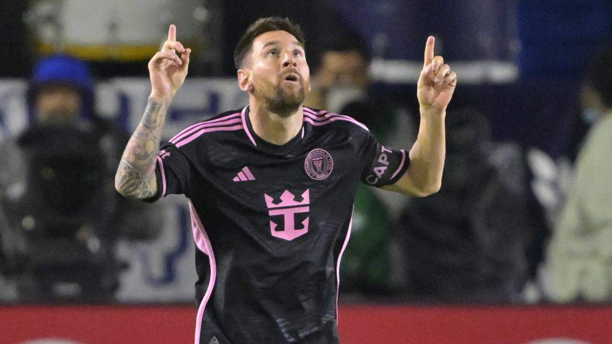 Feb 25, 2024; Carson, California, USA; Inter Miami CF forward Lionel Messi (10) celebrates his goal against LA Galaxy during the second half at Dignity Health Sports Park. Mandatory Credit: Jayne Kamin-Oncea-USA TODAY Sports
