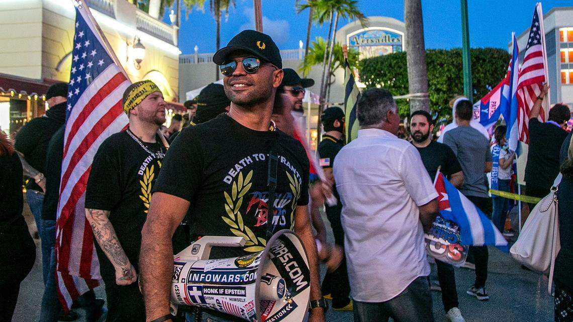 Enríque Tarrio, international chairman of the Proud Boys, joined a group of Cuban exiles during a rally on July 16, 2021, in front of Versailles Restaurant in Miami to demand support for the thousands of Cubans who took to the streets in the island clamoring for freedom and the end of the regime as conditions worsen in Cuba.