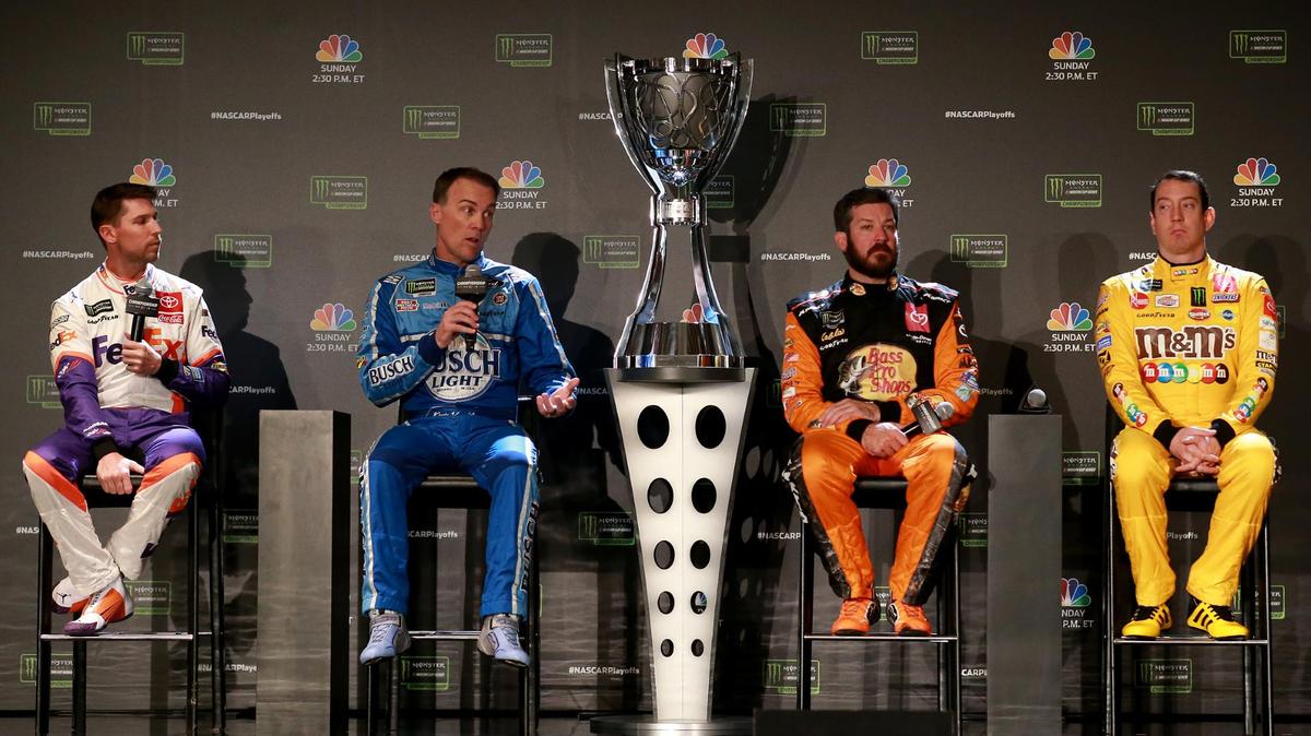 Championship 4 drivers (L-R) Denny Hamlin, Kevin Harvick, Martin Truex, Jr. and Kyle Busch will vie for the Monster Energy Cup Series trophy in Sunday’s Ford EcoBoost 400. Only Hamlin has not won the title before.