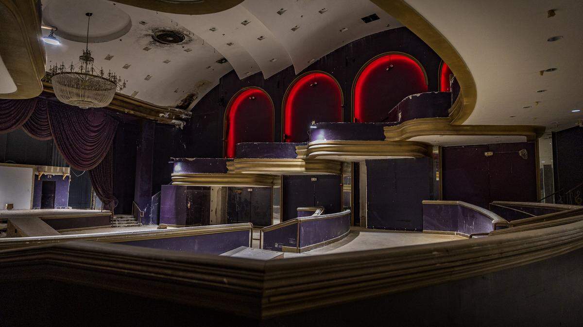 View of the ground floor and mezzanine including the balconies inside the former Playboy Plaza Hotel Theater, located inside The Castle Beach, 5445 Collins Ave. in Miami Beach. The venue, seen Friday, Nov. 14, 2025, is closed and up for sale.
