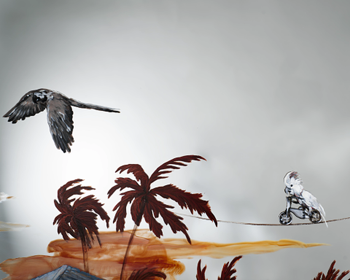 Pinky the Parrot, a cockatoo that used to perform at Parrot Jungle, makes an appearance in Rachel Feinstein’s painting “Panorama of Miami.” The 30-foot painting was commissioned by The Bass Museum of Art in Miami Beach.