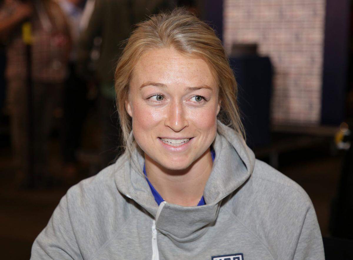 Emily Sonnett, a member of the United States women’s national soccer team, speaks to reporters during a media day in New York, Friday, May 24, 2019.