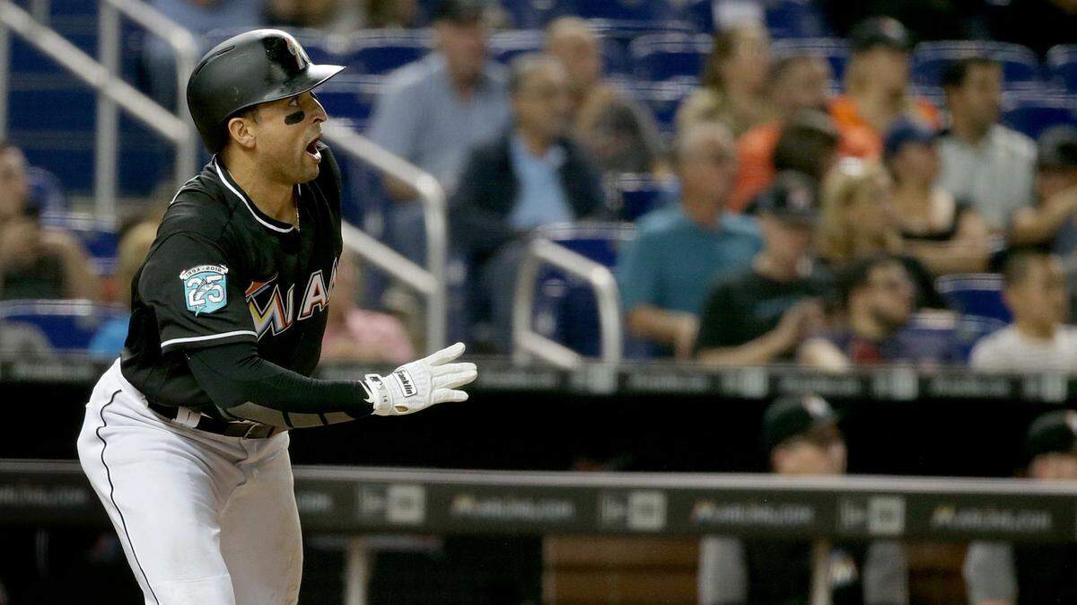 Marlins third baseman Martin Prado hits a a double in the third inning of the Miami Marlins vs Washington Nationals game at Marlins Park, Friday, May 25, 2018.