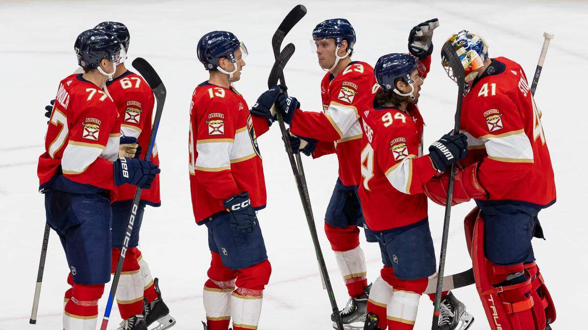 Florida Panthers goaltender Anthony Stolarz (41) celebrates with his teammates after they defeated the San Jose Sharks in their NHL game at the Amerant Bank Arena on Tuesday, Oct. 24, 2023, in Sunrise, Fla.