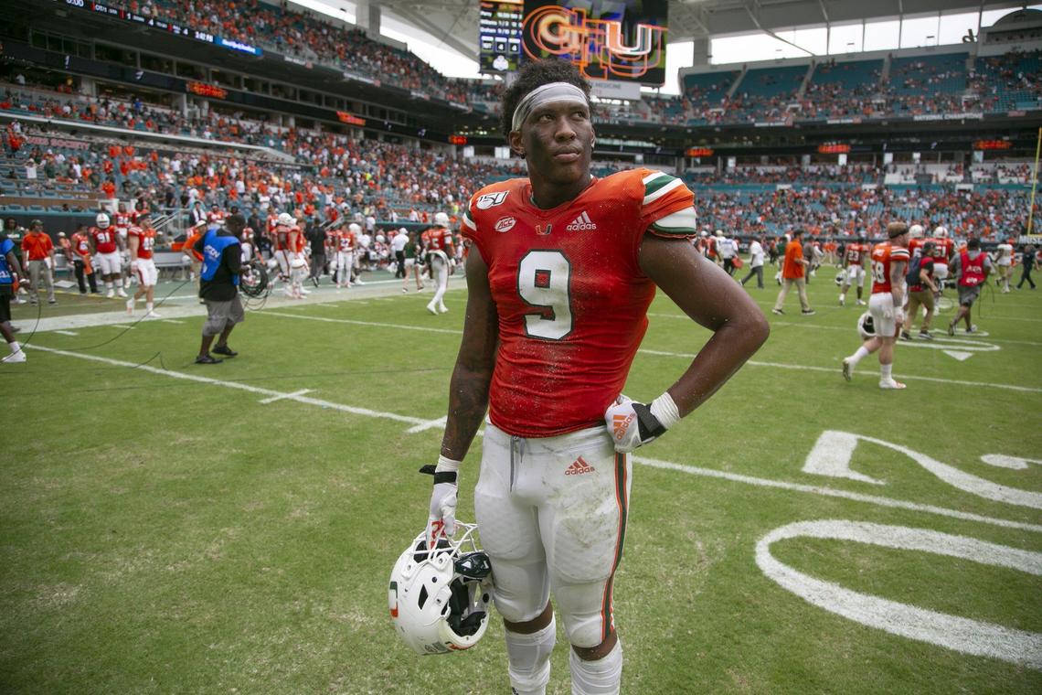 Miami Hurricanes tight end Brevin Jordan (9) looks up towards the scoreboard as the University of Miami is defeated by Georgia Tech Yellow Jackets 28-21 in overtime at Hard Rock Stadium in Miami Gardens on Saturday, October 19, 2019.
