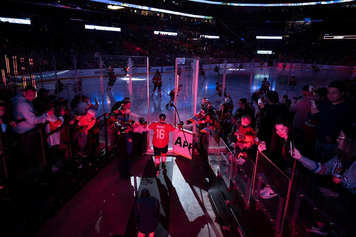 Florida Panthers center Aleksander Barkov (16) comes onto the ice after being out for about a week before the first period of a hockey game on Wednesday, Jan. 24, 2024, at Amerant Bank Arena in Sunrise, Fla.