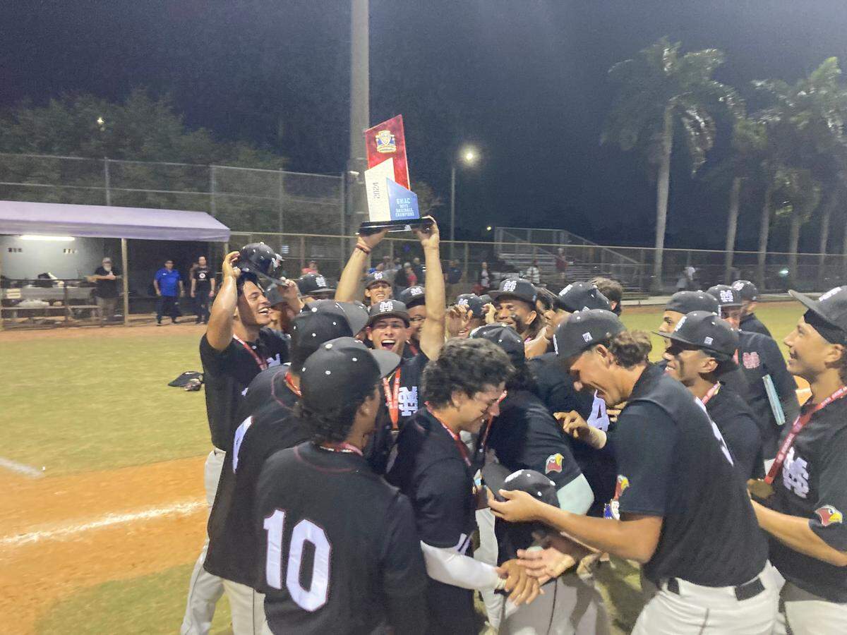 Miami Springs baseball players celebrate after beating Southwest 7-2 to win the GMAC championship on Thursday at Andre Dawson Field.