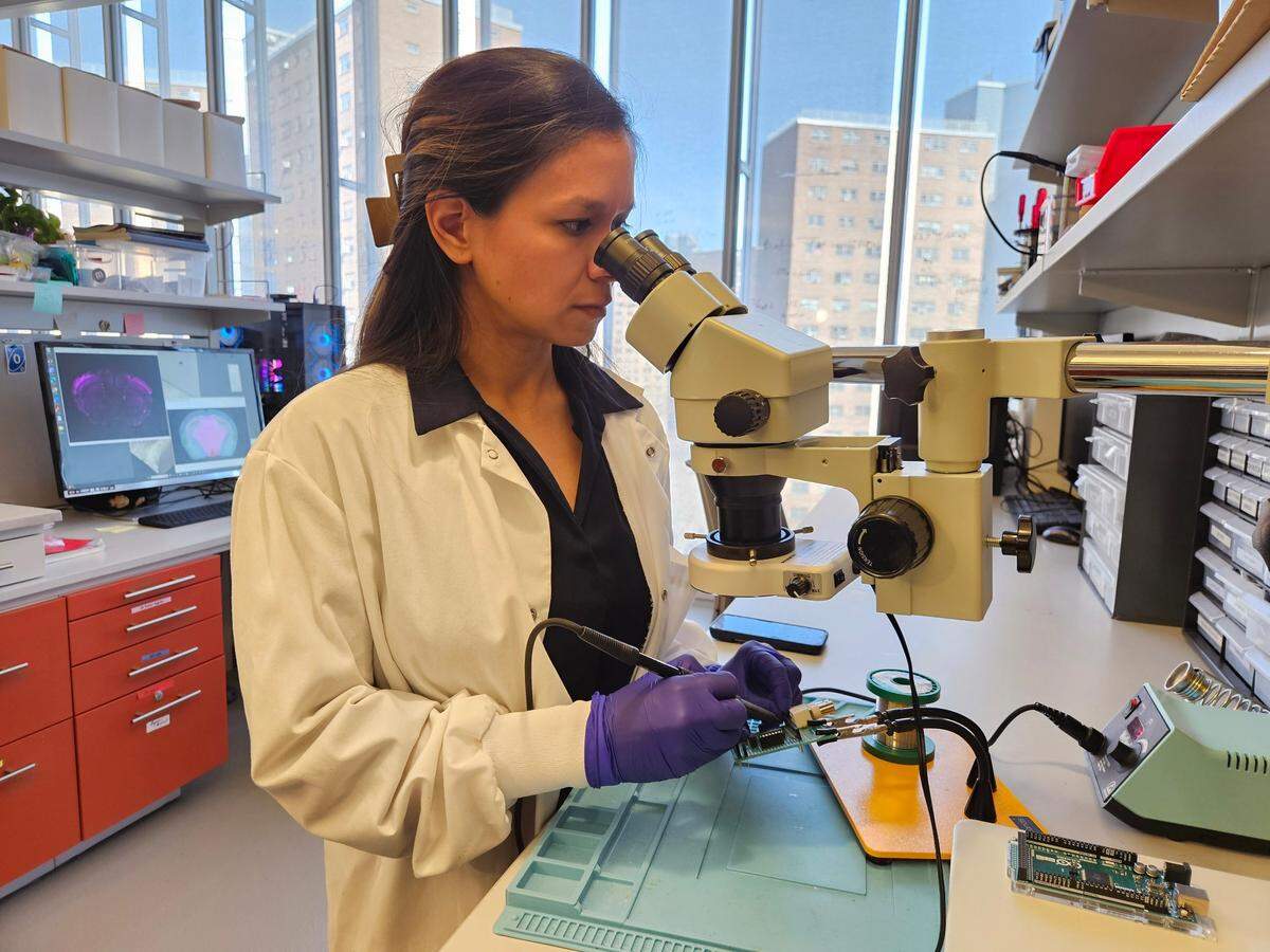 Erica Rodriguez, a scientist and MOSAIC grant awardee at Columbia University, uses a microscope to help her solder a circuit board as part of her brain research. The Trump administration defunded the MOSAIC grant program as part of a purge of diversity-focused initiatives.