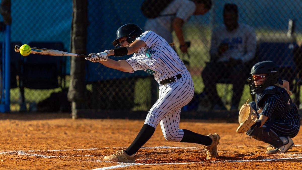 Coral Reef batter Brianna Fields (88) hits a single during the GMAC softball championship game against Palmetto at South Dade High School on Thursday, April 17, 2025, in Miami, Fla.