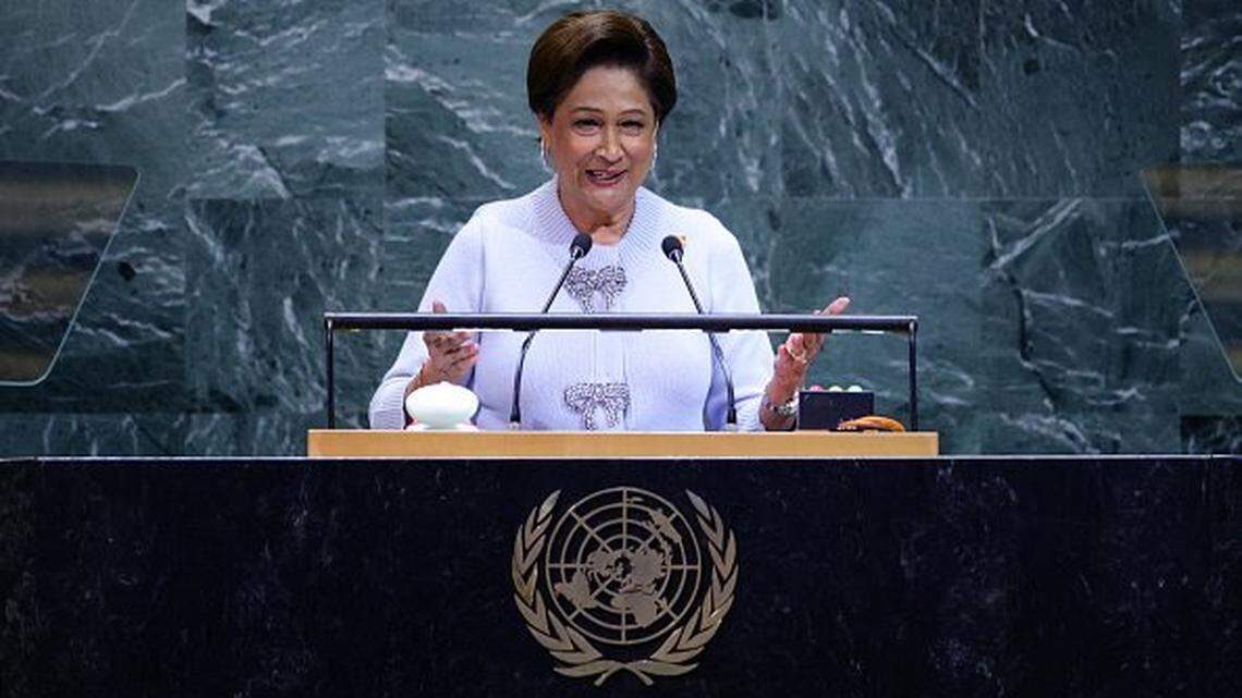 Trinidad and Tobago's Prime Minister Kamla Persad-Bissessar speaks during the General Debate of the United Nations General Assembly at UN headquarters in New York City on September 26, 2025. (Photo by Leonardo MUNOZ / AFP) (Photo by LEONARDO MUNOZ/AFP via Getty Images)          
