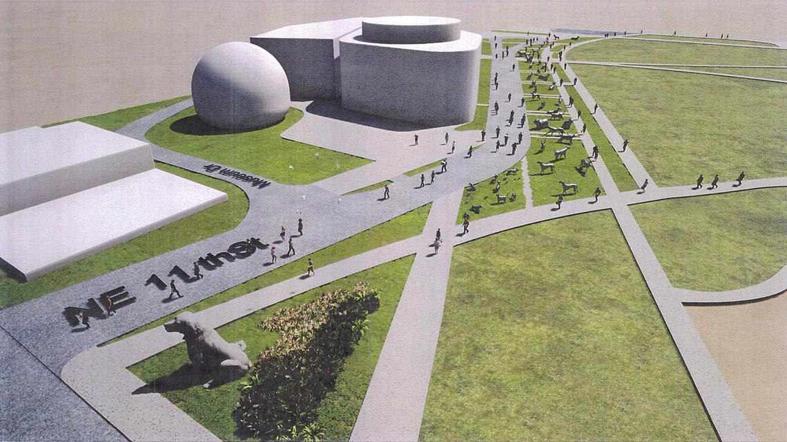 A rendering of the sculpture garden featuring aluminum figures of dogs and cats that would be installed next to Perez Art Museum Miami in Maurice Ferre Park.