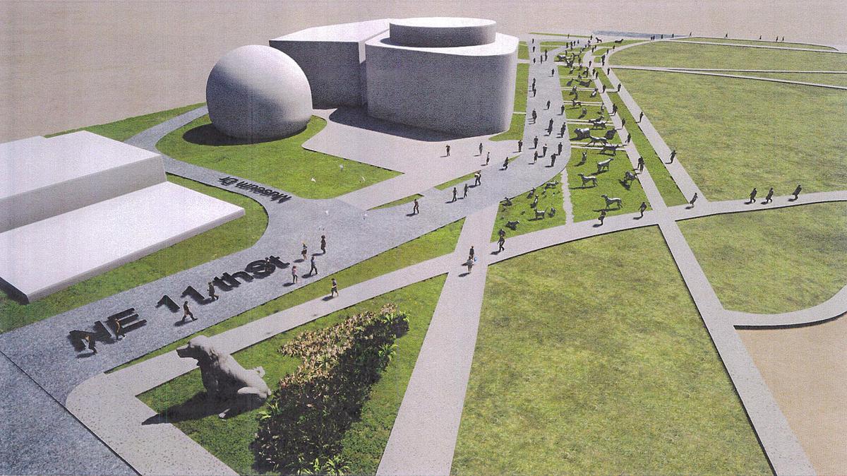 A rendering of the sculpture garden featuring aluminum figures of dogs and cats that would be installed next to Pérez Art Museum Miami in Maurice Ferré Park.