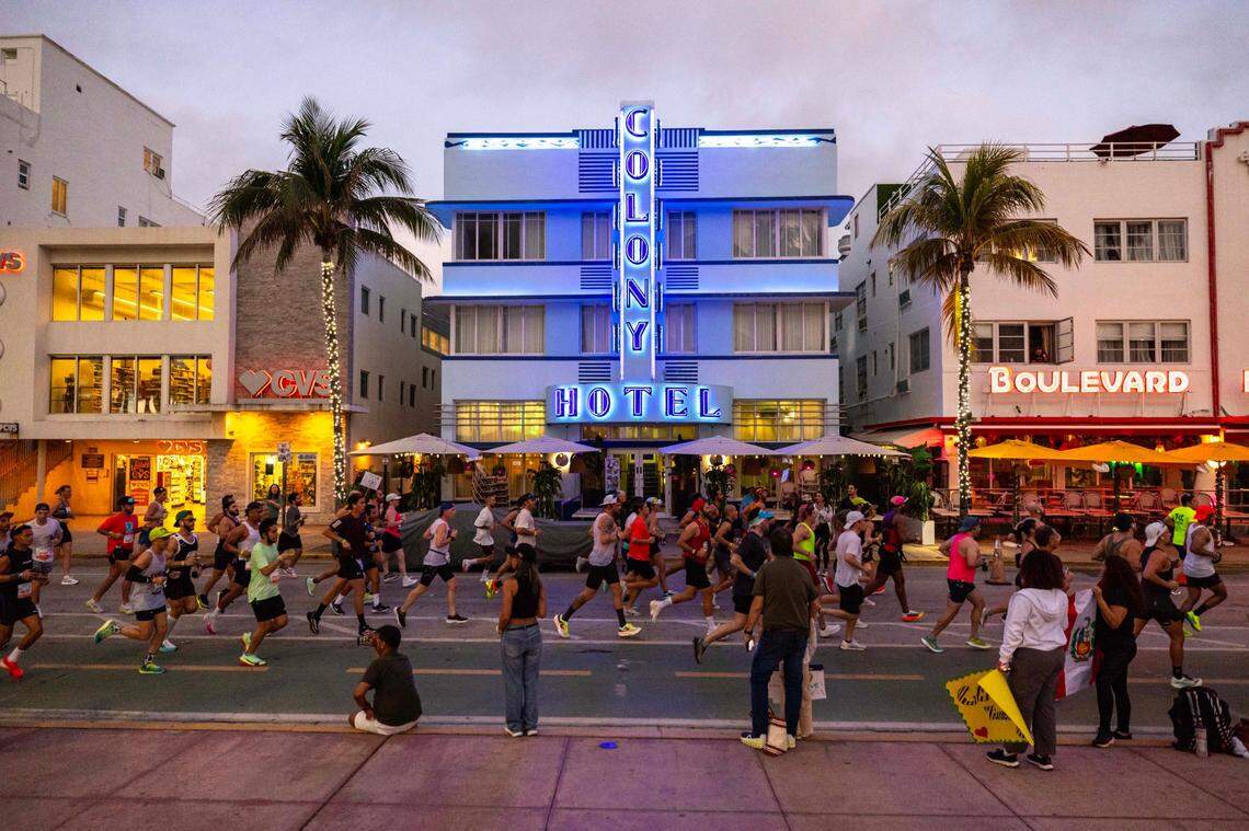 Runners pass the Colony Hotel as they make their way up Ocean Drive while participating in the 23rd annual Life Time Miami Marathon and Half Marathon on Sunday, February 2, 2025, in Miami, Fla. 