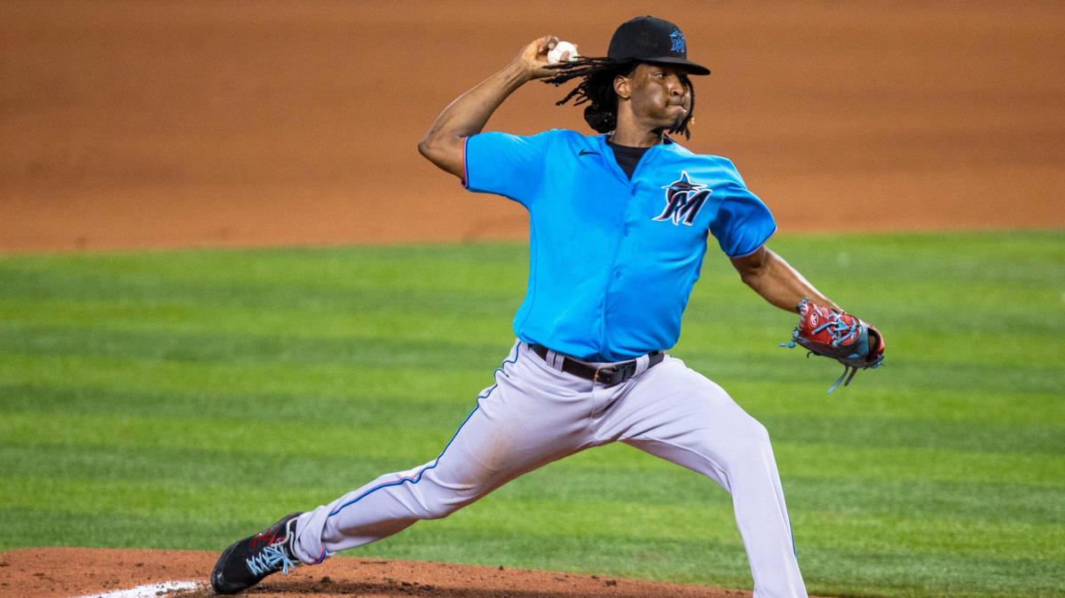 Marlins right-handed pitcher Jose Urena pitches the ball during a scrimmage at Marlins Park in Miami, Florida on Friday, July 10, 2020.