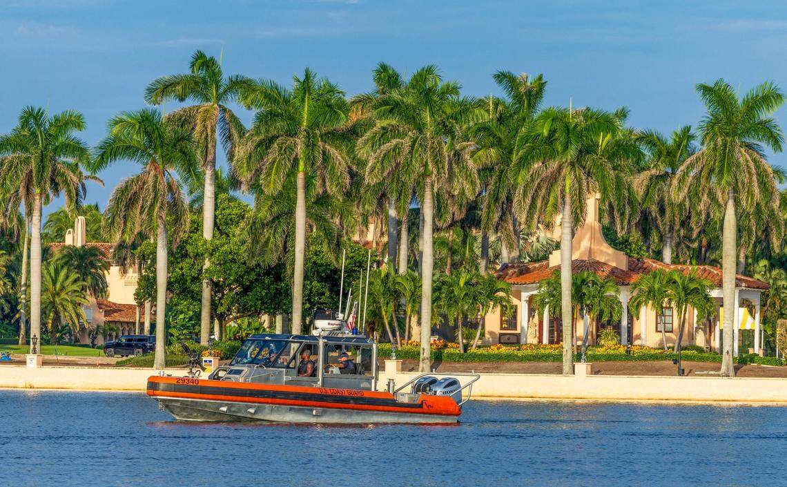 A U.S. Coast Guard vessel patrols the waters around former President Donald Trump’s Mar-a-Lago Club in Palm Beach after an assassination attempt at his nearby Trump International Gulf Club, on Sept. 16, 2024.