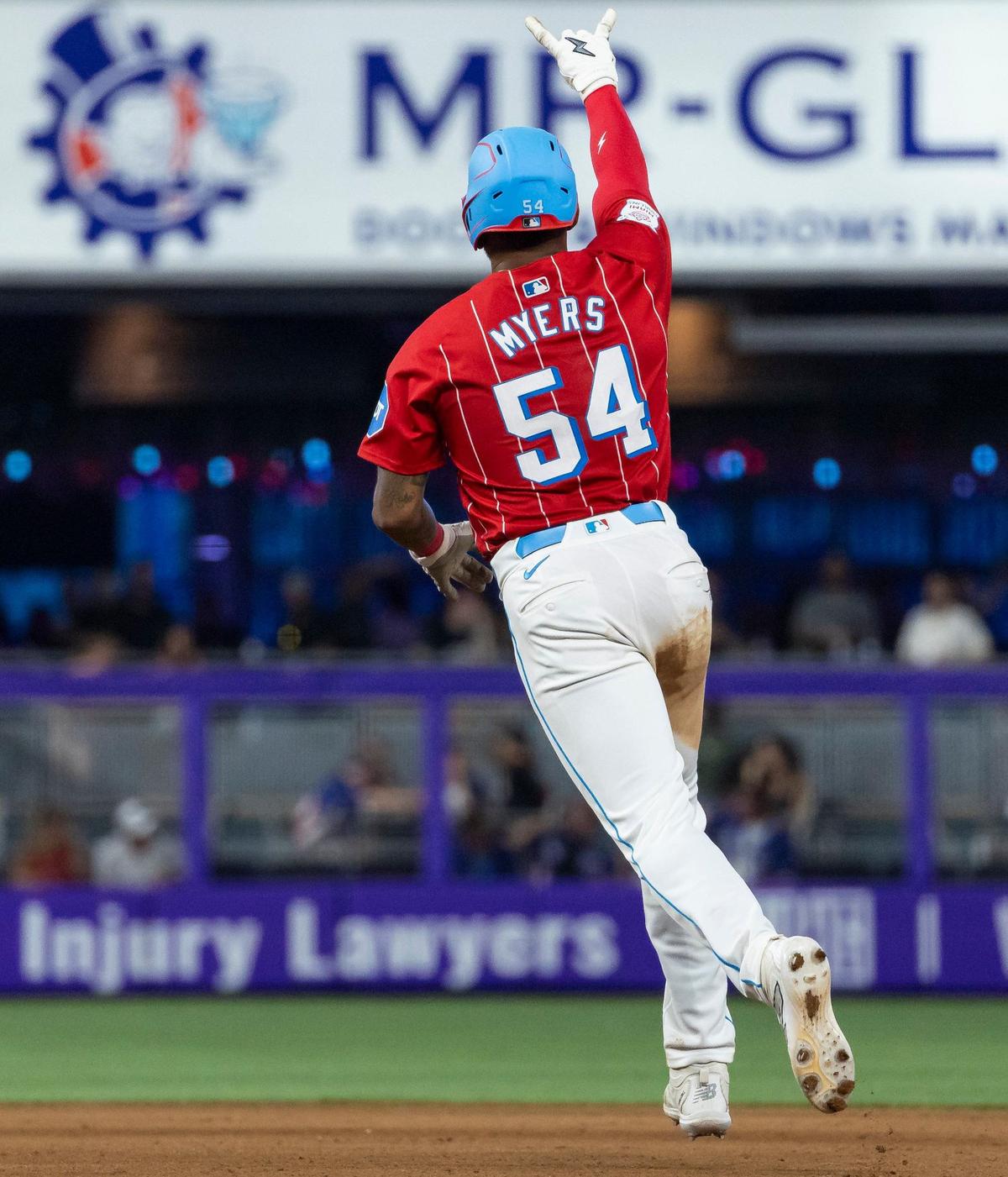 Miami Marlins outfielder Dane Myers (54) reacts after hitting a home run against the Chicago White Sox in the seventh inning of their MLB game at loanDepot park on Saturday, July 6, 2024, in Miami, Fla.