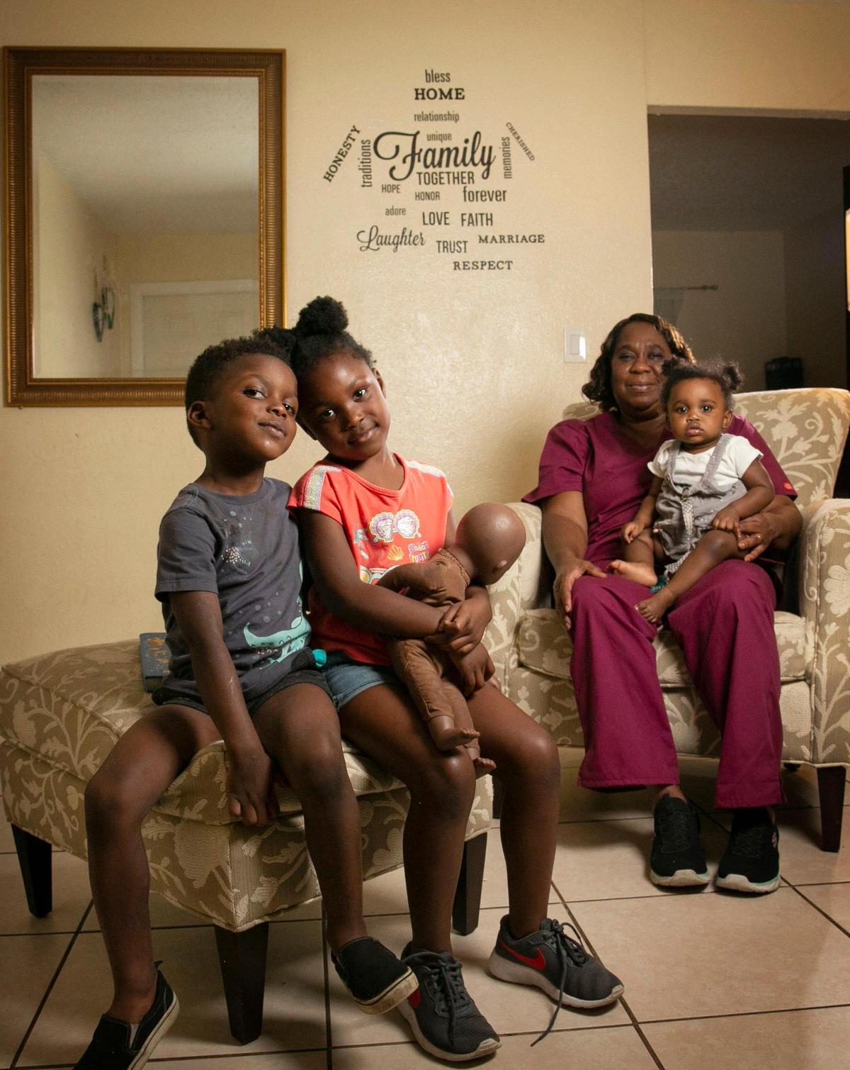 Robbie Hamilton-Romer, is the sole caretaker for 7 of her grandkids and one great-granddaughter. She’s facing eviction and desperately needs a housing voucher so her grandkids don’t experience houselessness a fourth time. Hamilton-Romer is pictured with grandchildren, Quantrelle, 4, and Faith,6, and great-granddaughter, Olivia, 11 months in the small apartment they share with of her other grandchildren.