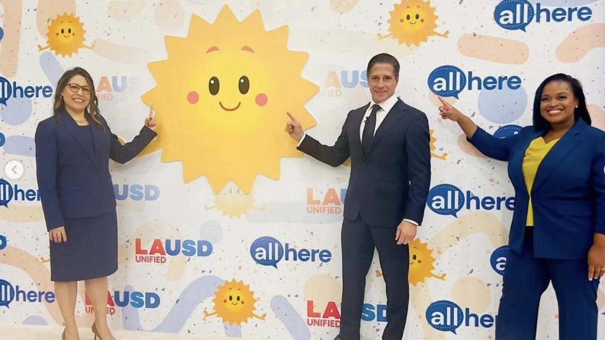 Alberto Carvalho, the former Miami-Dade public-schools chief and current Los Angeles schools chief, center right, and Joanna Smith-Griffin, the now-indicted CEO of AllHere, right.