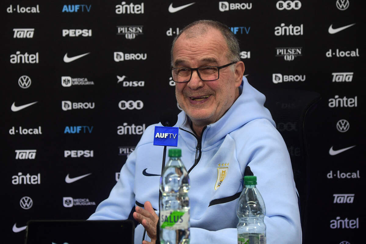 Uruguay's national football team coach, Argentine Marcelo Bielsa, gestures as he speaks during a press conference in Barros Blancos, Canelones department, Uruguay on June 1, 2026. Led by Federico Valverde and with the long-awaited inclusion of veteran goalkeeper Fernando Mulsera, Marcelo Bielsa on May 31 made official the list of 26 players who will represent La Celeste at the World Cup, which kicks off in ten days in North America. (Photo by Dante FERNANDEZ / AFP via Getty Images)