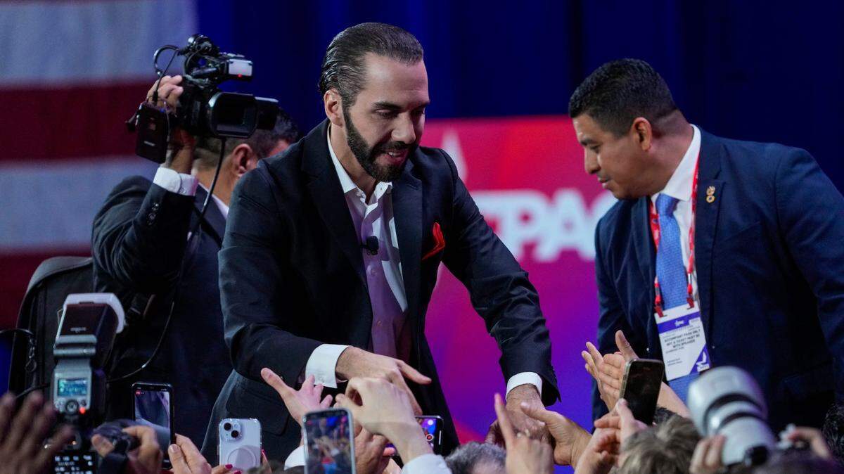 Nayib Bukele, president of El Salvador, greets supporters at the Conservative Political Action Conference on Feb. 22, 2024, at a convention center outside Washington, D.C.