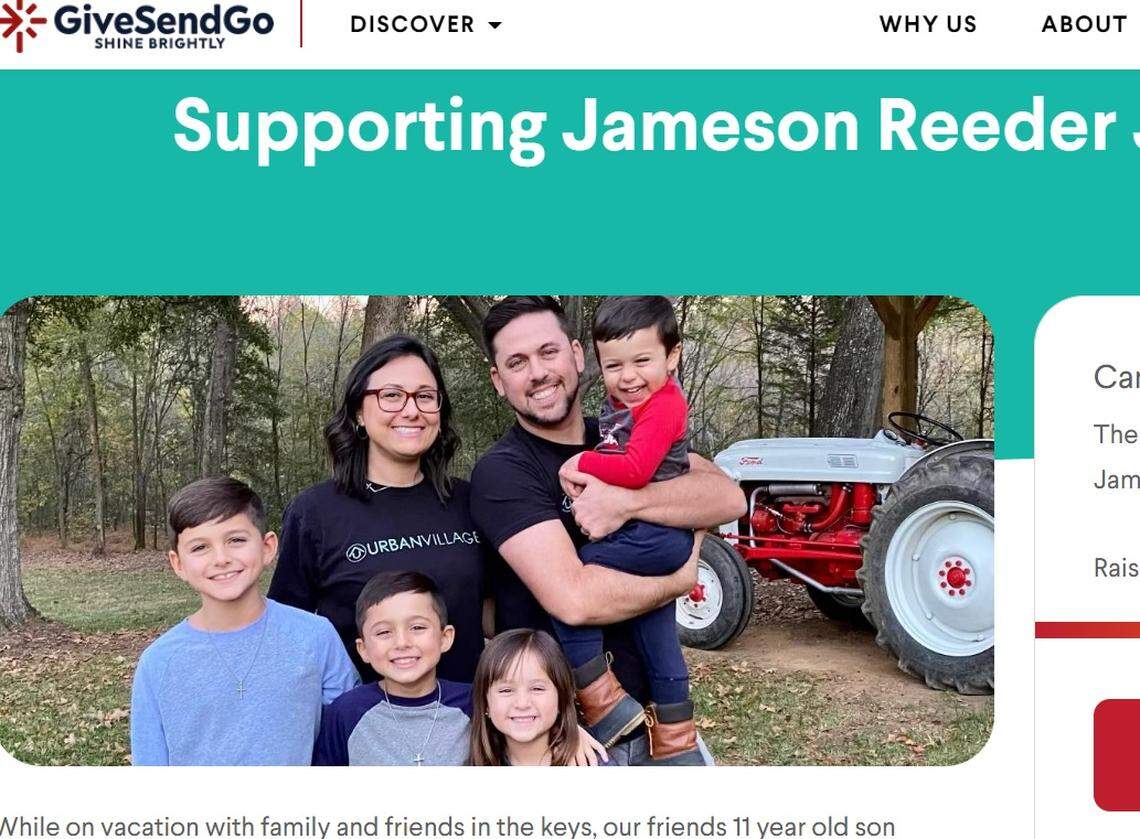 The family of a 10-year-old boy who lost part of his leg in a shark attack Aug. 13, 2022, in the Keys is pictured in this screenshot of a fundraising page put up by a family friend.