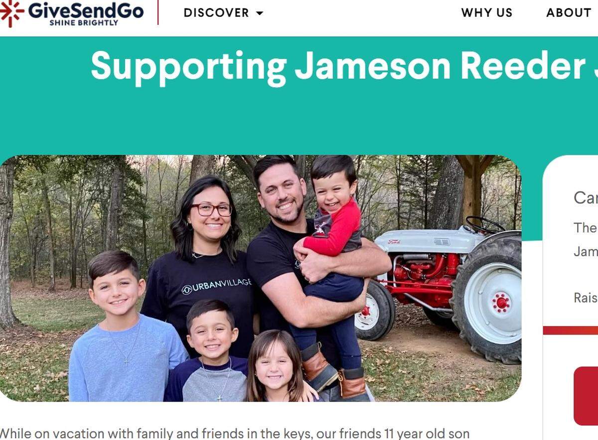 The family of a 10-year-old boy who lost part of his leg in a shark attack Aug. 13, 2022, in the Keys is pictured in this screenshot of a fundraising page put up by a family friend.