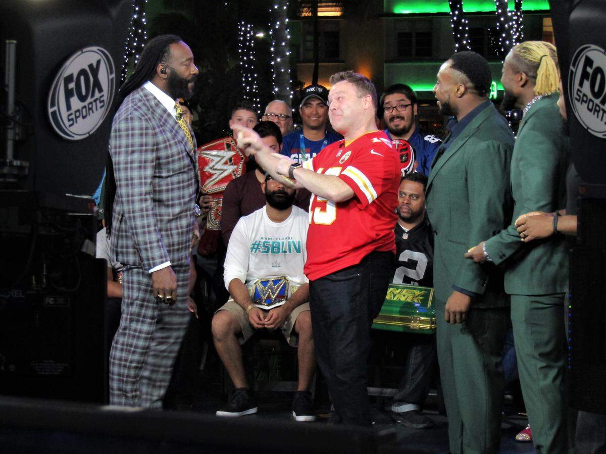 Two-time WWE Hall of Famer Booker T with Frank Caliendo and The New Day (Big E, Kofi Kingston, Xavier Woods) on set of WWE Backstage on FS1 at Lummus Park on South Beach.                               