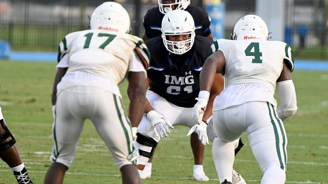 IMG Academy Francis Mauigoa (61) during their game with Miami Central Senior High School in Bradenton, Friday, Feb. 28, 2020.(Photo/Chris Tilley)