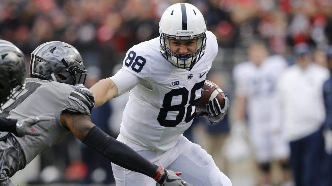 Penn State tight end Mike Gesicki plays against Ohio State during an NCAA college football game Saturday, Oct. 28, 2017, in Columbus, Ohio. (AP Photo/Jay LaPrete)