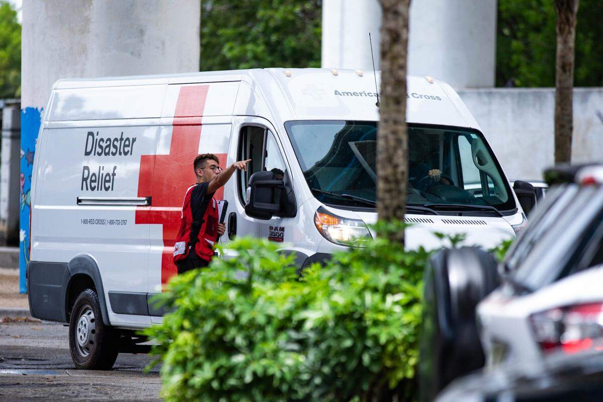 The Red Cross delivers aid at the Jose Marti Gym on 434 SW and 3rd Ave. before the victims of the Temple Court Apartments arrive on Monday, June 10, 2024 in Miami, Fla.