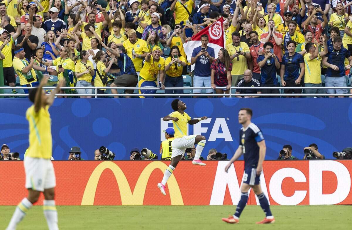 Brazil forward Vinícius Júnior (7) celebrates after scoring a goal against Scotland in the first half of their World Cup Group C soccer match at Hard Rock Stadium (Miami Stadium) on Wednesday, June 24, 2026, in Miami Gardens, Fla.