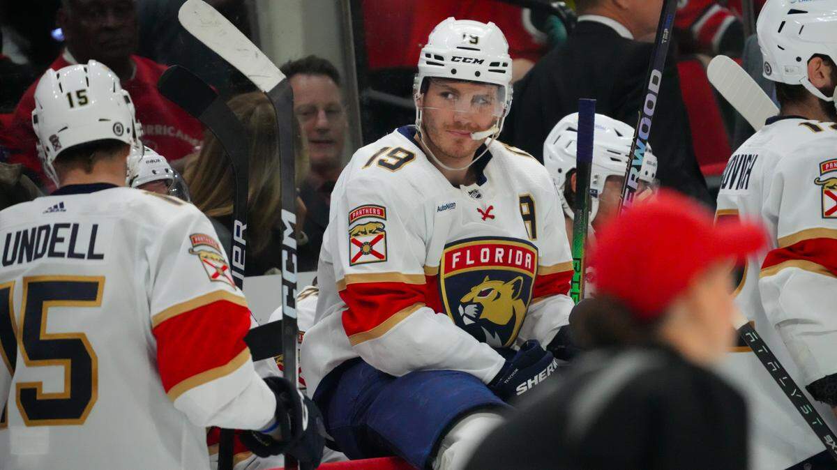 Mar 14, 2024; Raleigh, North Carolina, USA; Florida Panthers left wing Matthew Tkachuk (19) looks on during a time out against the Carolina Hurricanes during the second period at PNC Arena. Mandatory Credit: James Guillory-USA TODAY Sports