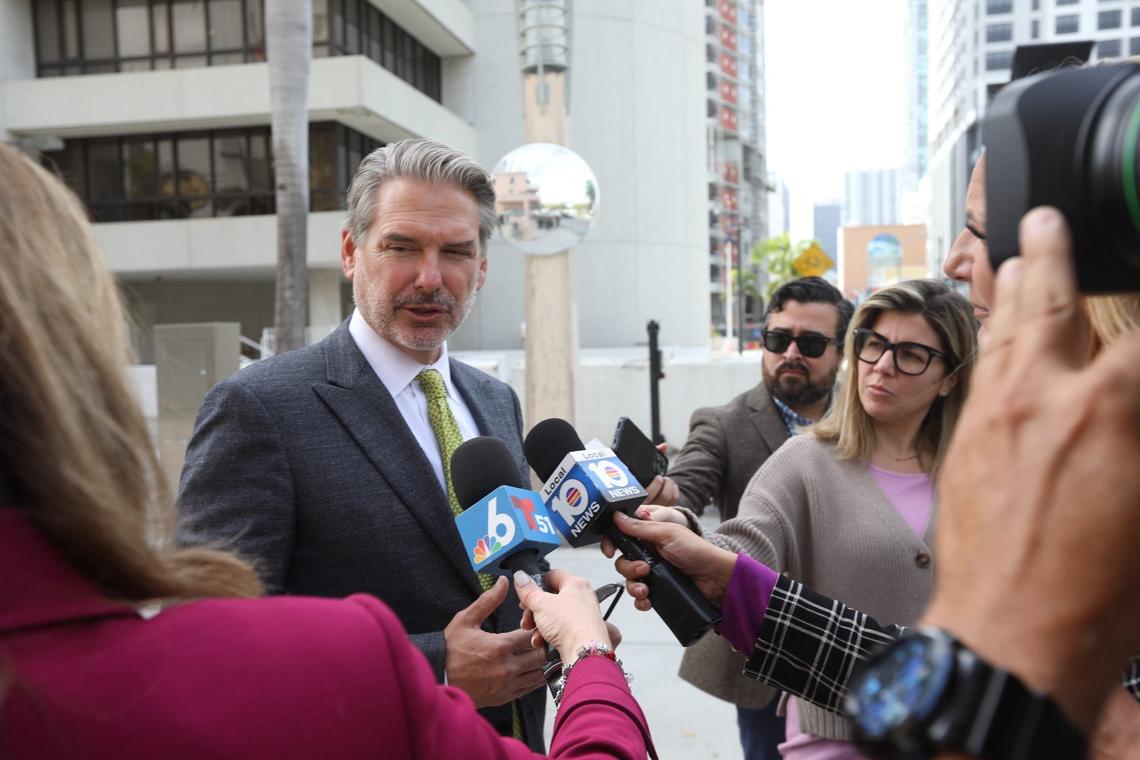 Attorney Jeff Gutchess talks to reporters outside federal court downtown Miami on March 1, 2024. 