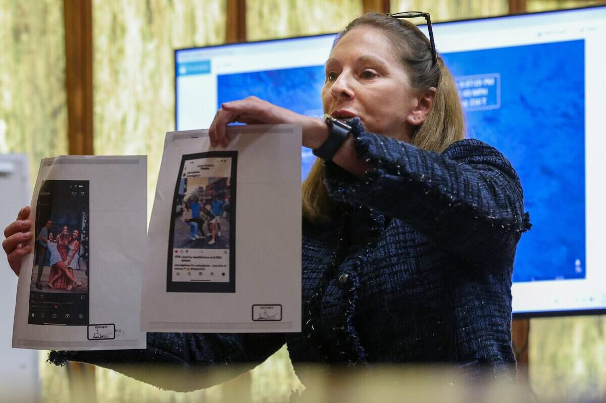 Lead prosecutor Laura Adams shows photos of Instagram posts made by the Pino family after the crash during closing arguments on Monday, June 22, 2026 in Courtroom 4-1 at the Richard E. Gerstein Justice Building in Miami, Florida.Adams urged the jury to find George Pino guilty of manslaughter and vessel homicide charges linked to boat crash that killed Lucy Fernandez.