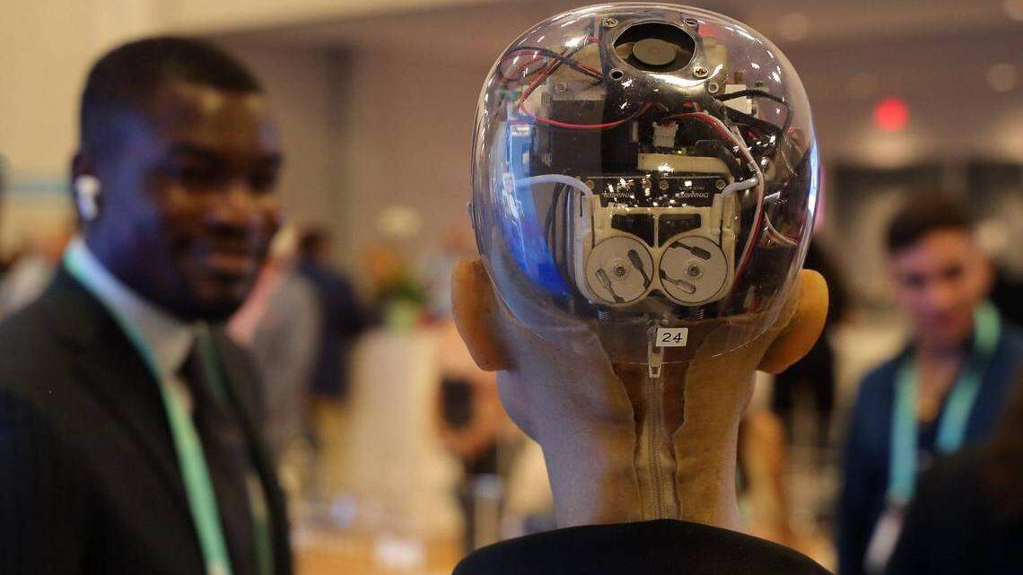 Image of the back of robot “Sophia,” revealing its inner workings to visitors at eMerge Americas 2022.