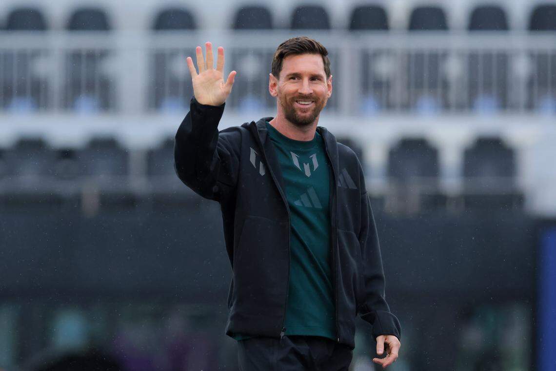 Inter Miami CF forward Lionel Messi waves toward the fans before receiving the Landon Donovan MVP Award on Tuesday, Dec. 9, 2025, at Chase Stadium in Fort Lauderdale, Fla.