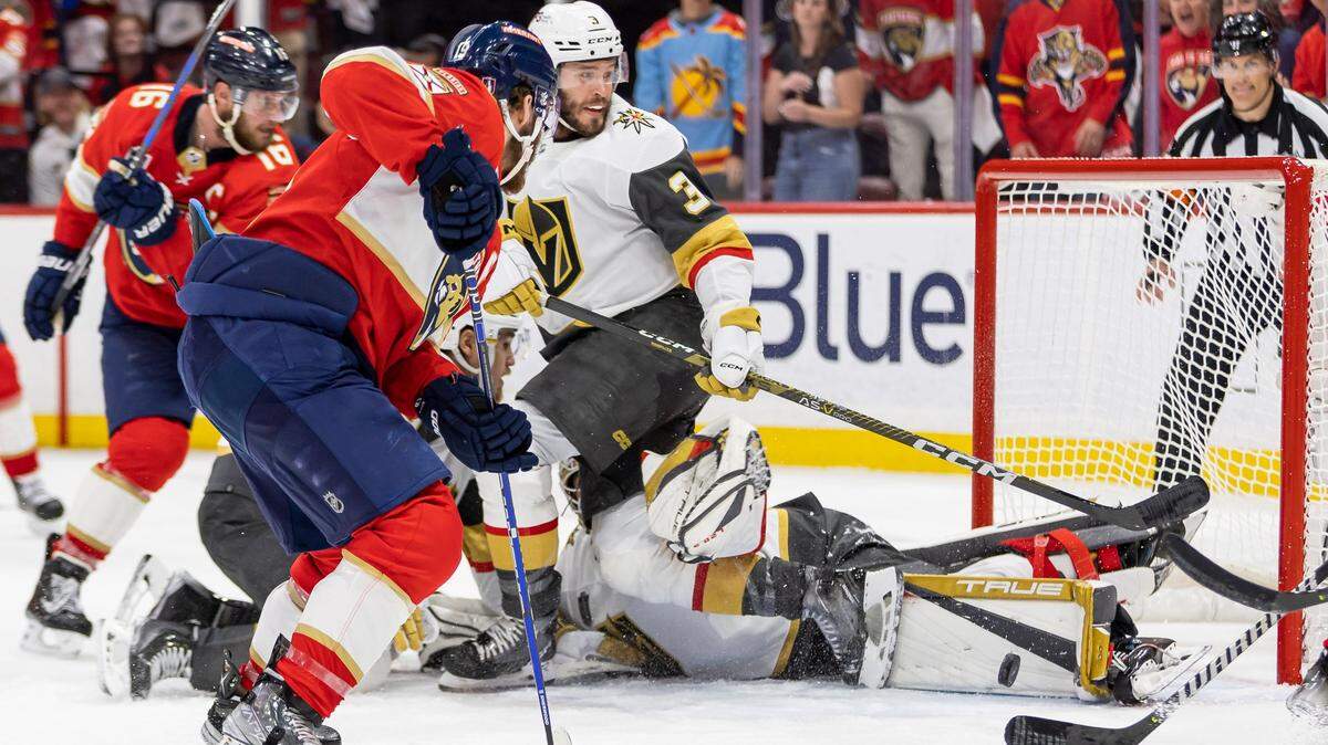 Vegas Golden Knights goaltender Adin Hill (33) blocks a shot by the Florida Panthers in the last seconds of the third period of Game 4 of the NHL Stanley Cup Final at the FLA Live Arena on Saturday, June 10, 2023, in Sunrise, Fla.