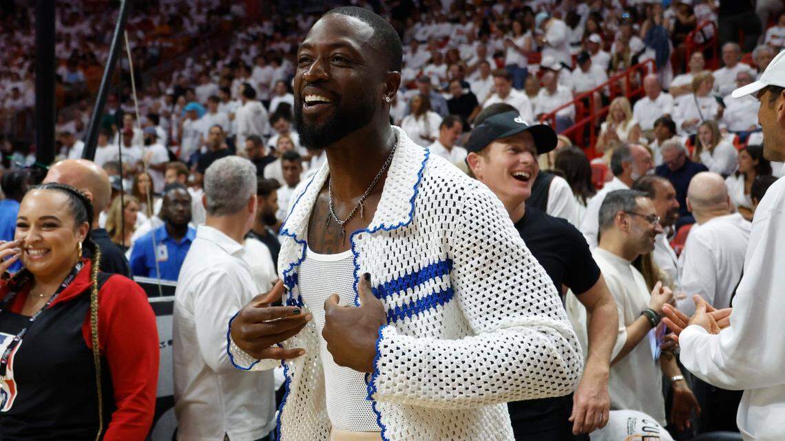 Former Miami Heat star Dwyane Wade shows his support before the start of Game 3 of the NBA Finals against the Denver Nuggets at the Kaseya Center on Wednesday, June 7, 2023, in Miami, Florida.