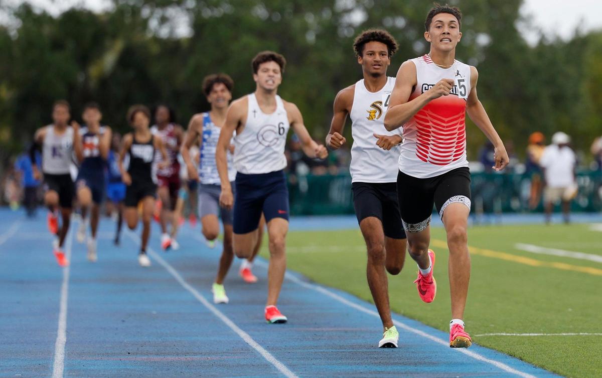 Southridge High’s Andres Oropesa leads the pack in the 800 race during GMAC Track and Field Finals at Traz Powell Stadium in Miami, Florida on Thursday, April 10, 2025.