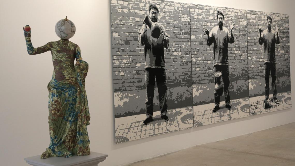 From left, Venus de Ales, 2018, by Yinka Shonibare, and Dropping a Han Dynasty Urn (LEGO), 2015, by Ai Weiwei at Jorge Perez’ new private museum, El Espacio 23.